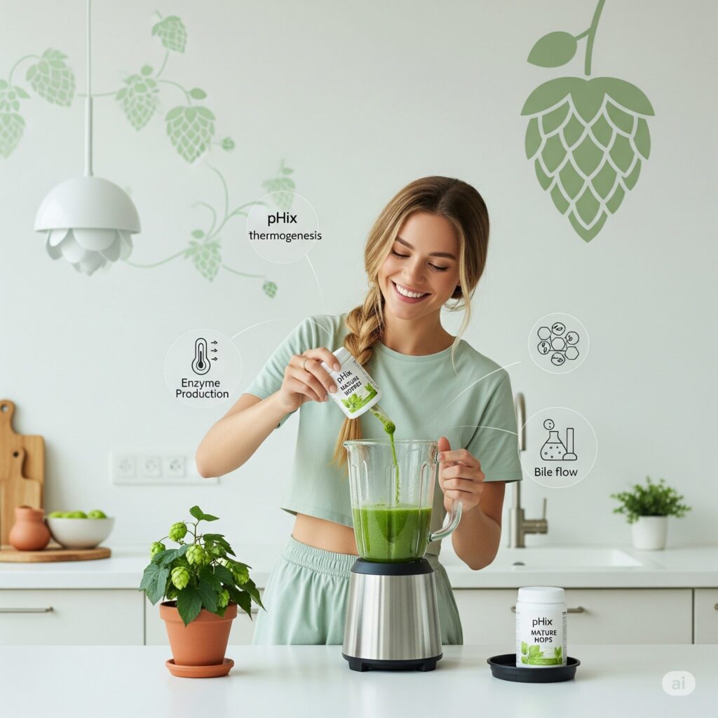 A smiling woman in a light green outfit blends a green smoothie in a modern kitchen. Nearby, a potted plant and supplement bottle with text about health benefits.