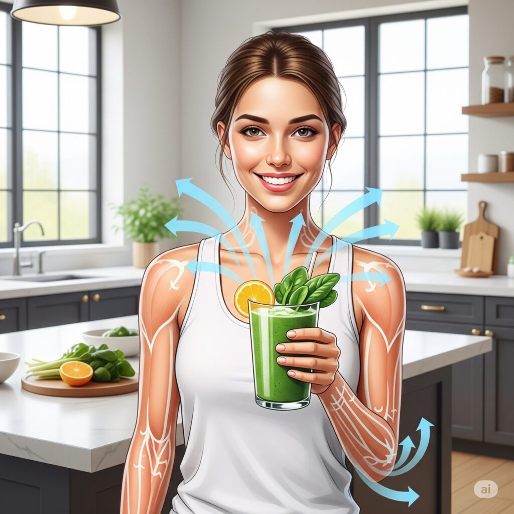 Smiling woman holding a green smoothie in a modern kitchen. Arrows and anatomical lines symbolize vitality. Fresh ingredients are on the counter.