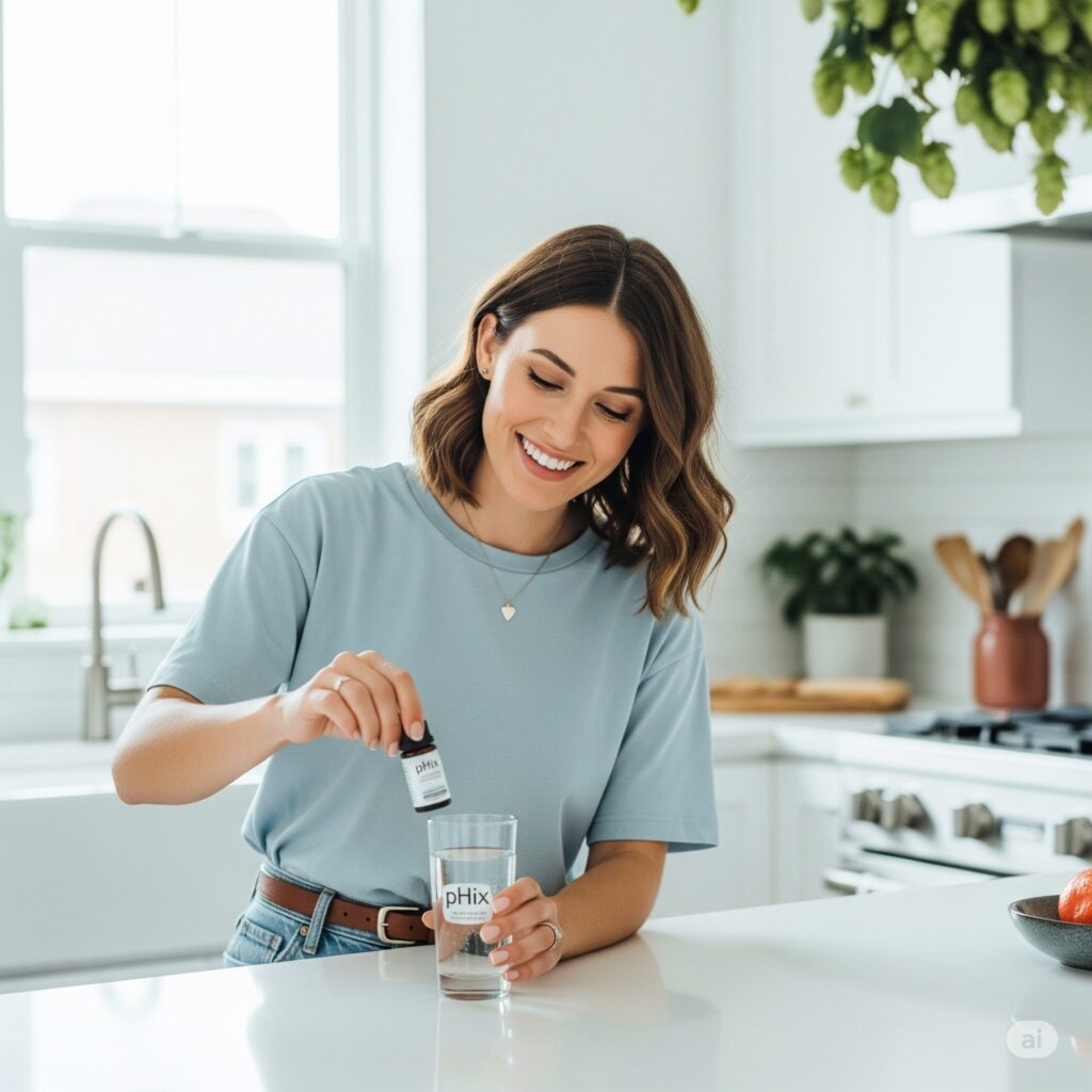 Smiling woman in a light blue shirt pours pHix drops into a glass of water in a bright kitchen. The scene is cheerful and clean, with a homely feel.