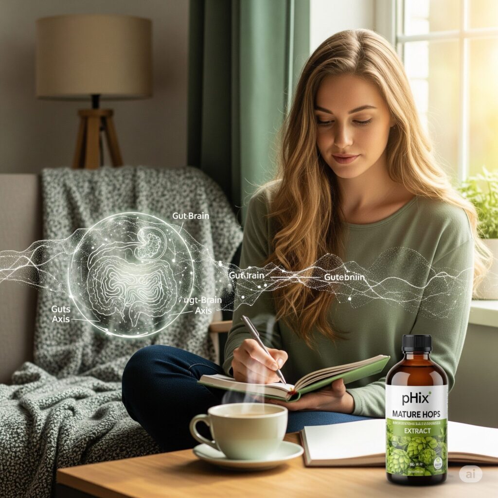 A woman in a cozy room writes in a journal, with a steaming cup of tea and a bottle labeled "pHix Mature Hops Extract" nearby. Illustrations of the gut-brain axis float in the air, suggesting a focus on health and mindfulness.