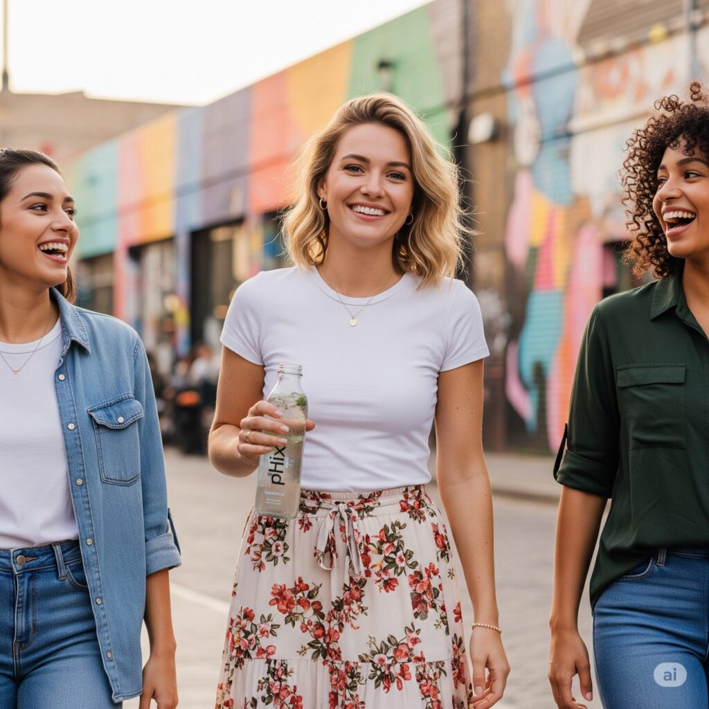 Three women joyfully walk down a colorful urban street. One holds a bottle, wearing a floral skirt, while the others smile, dressed casually. Vibrant mural in background.
