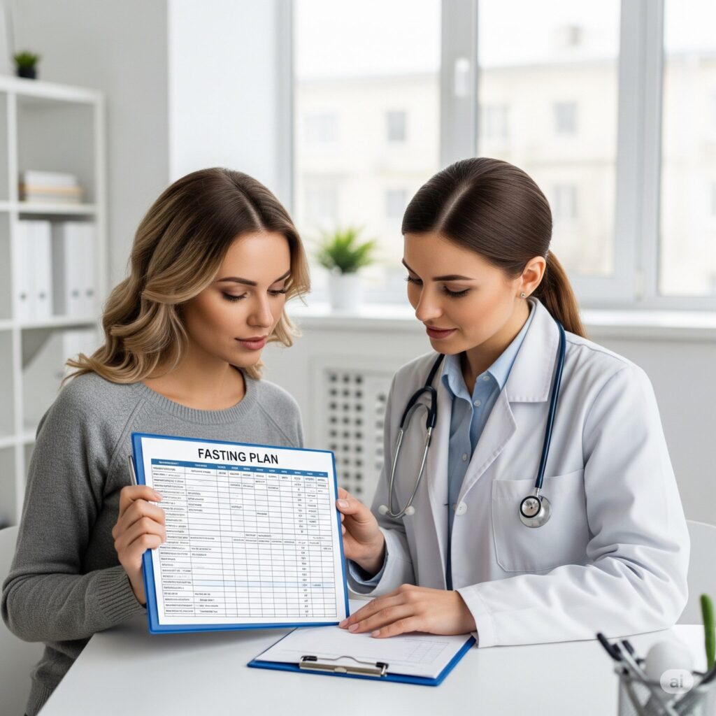 A person experiencing the side effects of fasting, such as fatigue, headaches, and dizziness, depicted in a realistic, medically-accurate illustration. The figure is positioned in the foreground, with a muted color palette and soft, diffused lighting to convey a sense of discomfort and unease. The background features a simple, clean medical setting, emphasizing the health-related context. The overall composition and rendering style should be visually compelling, while remaining true to the informational nature of the image. A doctor and a patient sit at a table discussing a fasting plan. The doctor, in a white coat, points to a clipboard while the patient holds the plan.