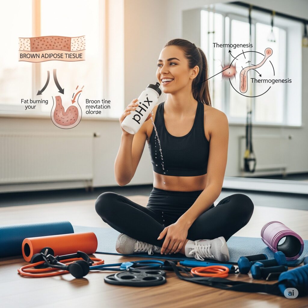 A woman in workout attire, smiling while holding a water bottle. She's seated on a mat surrounded by gym equipment. Diagrams about "Brown Adipose Tissue" and "Thermogenesis" are displayed. The atmosphere conveys positivity and health.