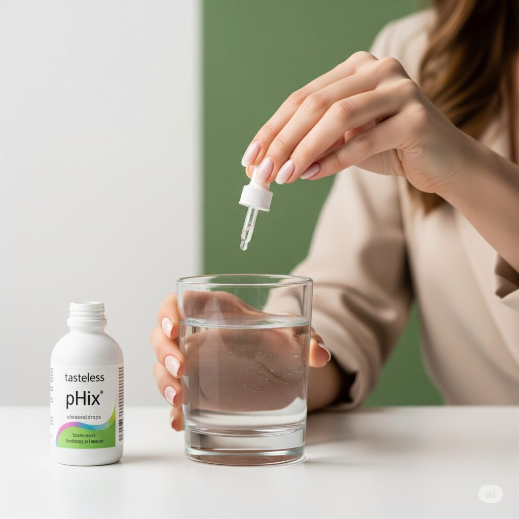 A person wearing a beige sweater uses a dropper to add tasteless liquid drops from a "pHix" bottle into a glass of water, suggesting care and attention.
