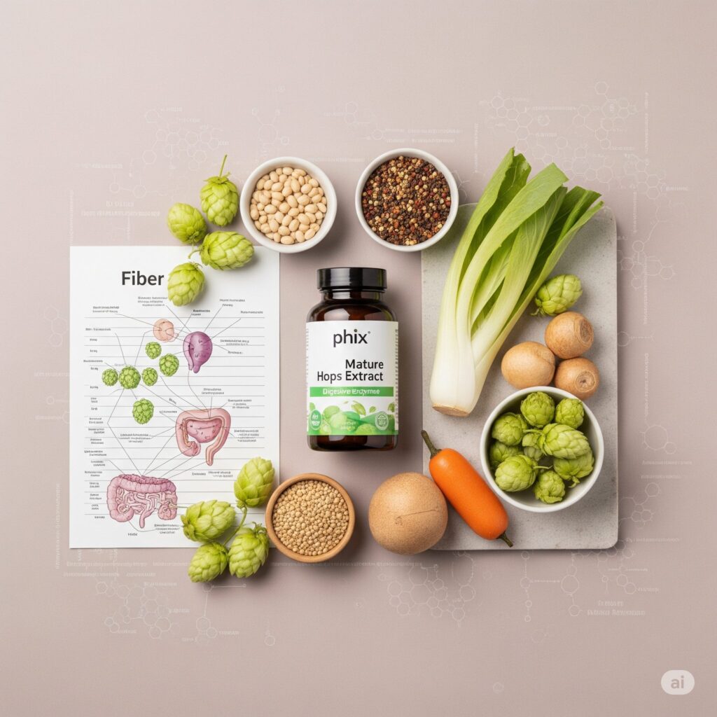 Arrangement of hops, vegetables, and seeds around a bottle of digestive enzyme extract with a fiber diagram, conveying a healthy, natural theme.
