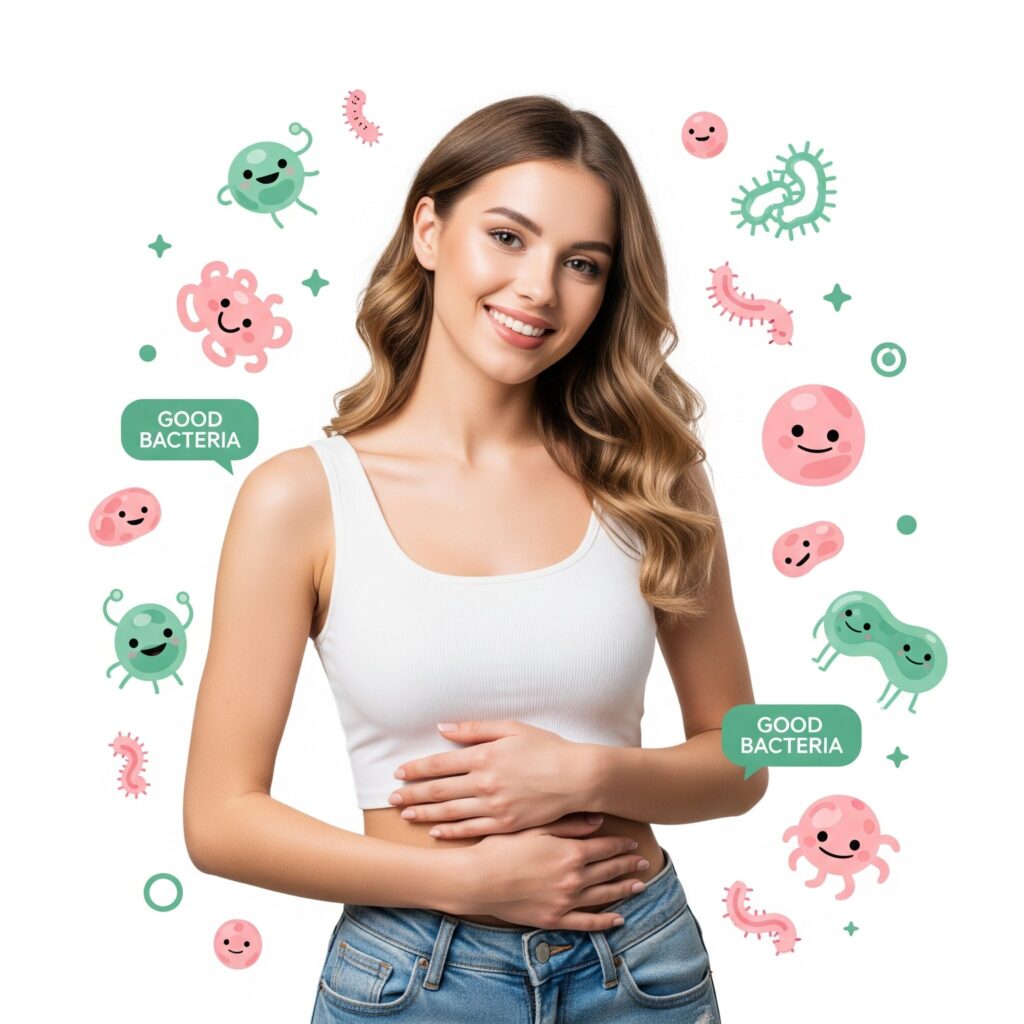 Smiling woman in a white tank top, hands on stomach, surrounded by colorful, cartoonish "good bacteria" icons. The mood is positive and healthy.