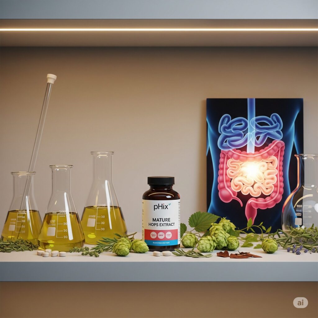 A shelf displays lab flasks with yellow liquid and a "pHix Mature Hops Extract" bottle. Hops and herbs are scattered around. A poster of a digestive tract adds context.