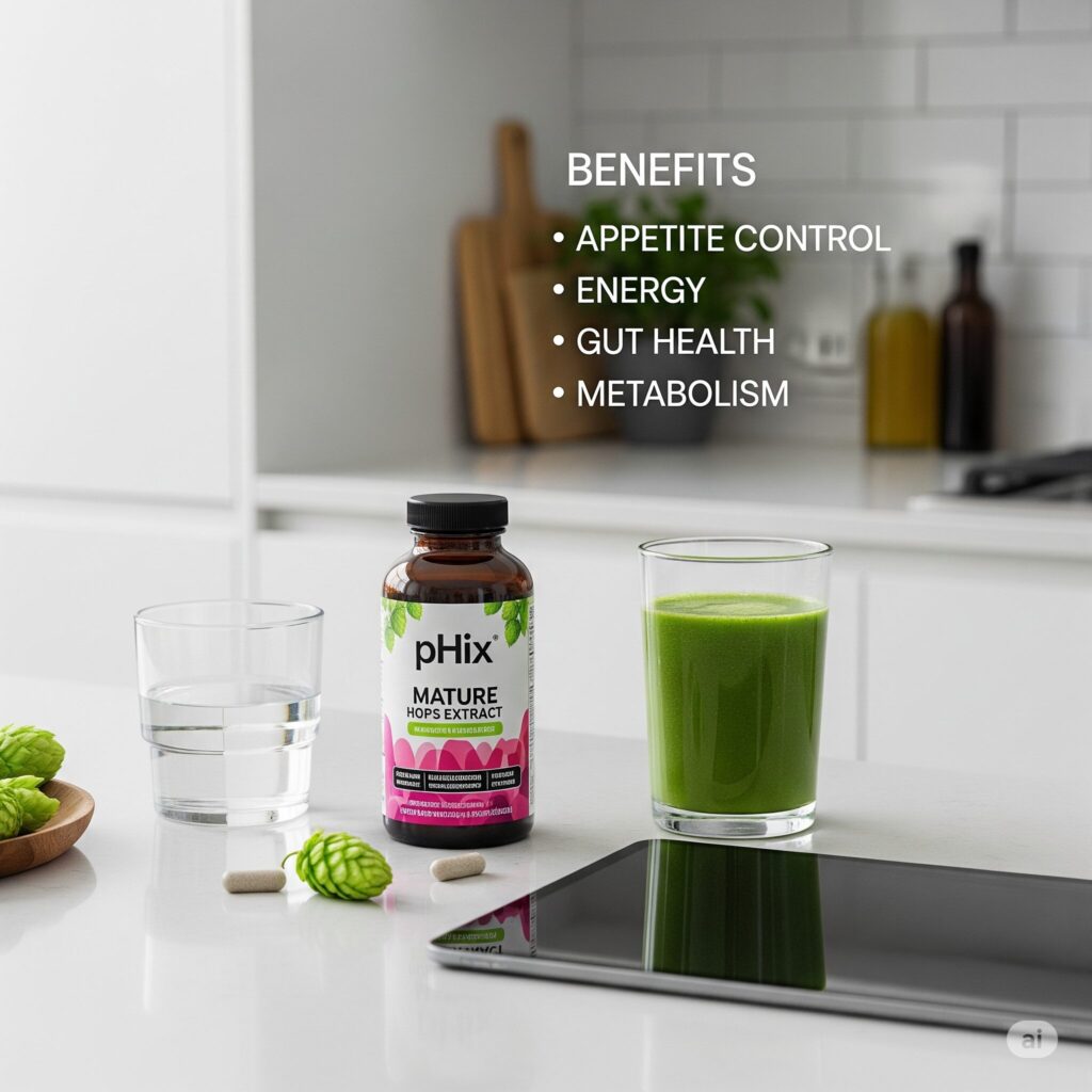 A bottle of pHix Mature Hops Extract sits on a clean kitchen counter, accompanied by a green juice, water glass, tablet, and hops. Text highlights benefits like appetite control and energy. A modern, health-focused setting.