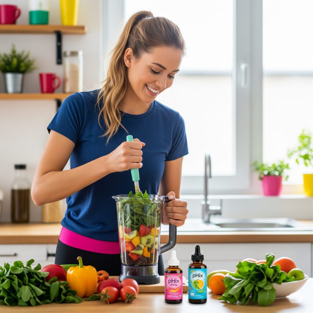A woman in a blue shirt blends fruits and spinach in a kitchen. Fresh produce and two supplement bottles are on the counter. The mood is healthy and cheerful.