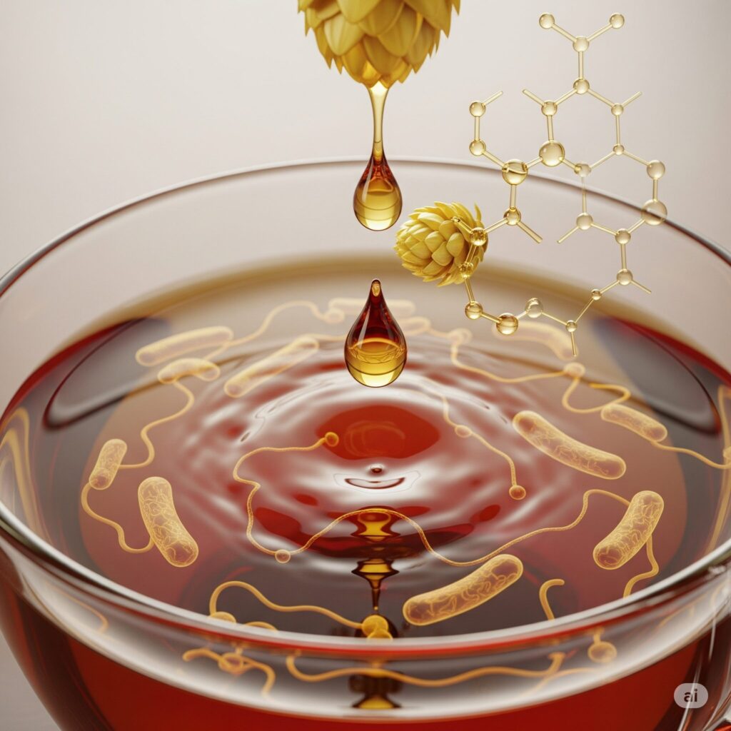 Golden hop flowers and molecular structures hover above a bowl of amber liquid with a ripple effect, suggesting fermentation and brewing.