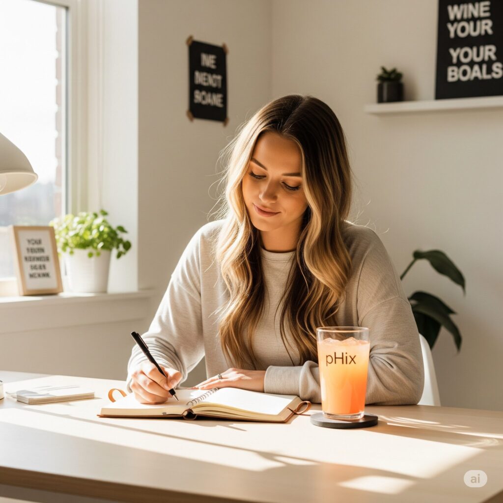 Young woman with long hair writing in a notebook at a sunlit desk. Nearby is an orange drink labeled "pHix." The room has plants and motivational posters.