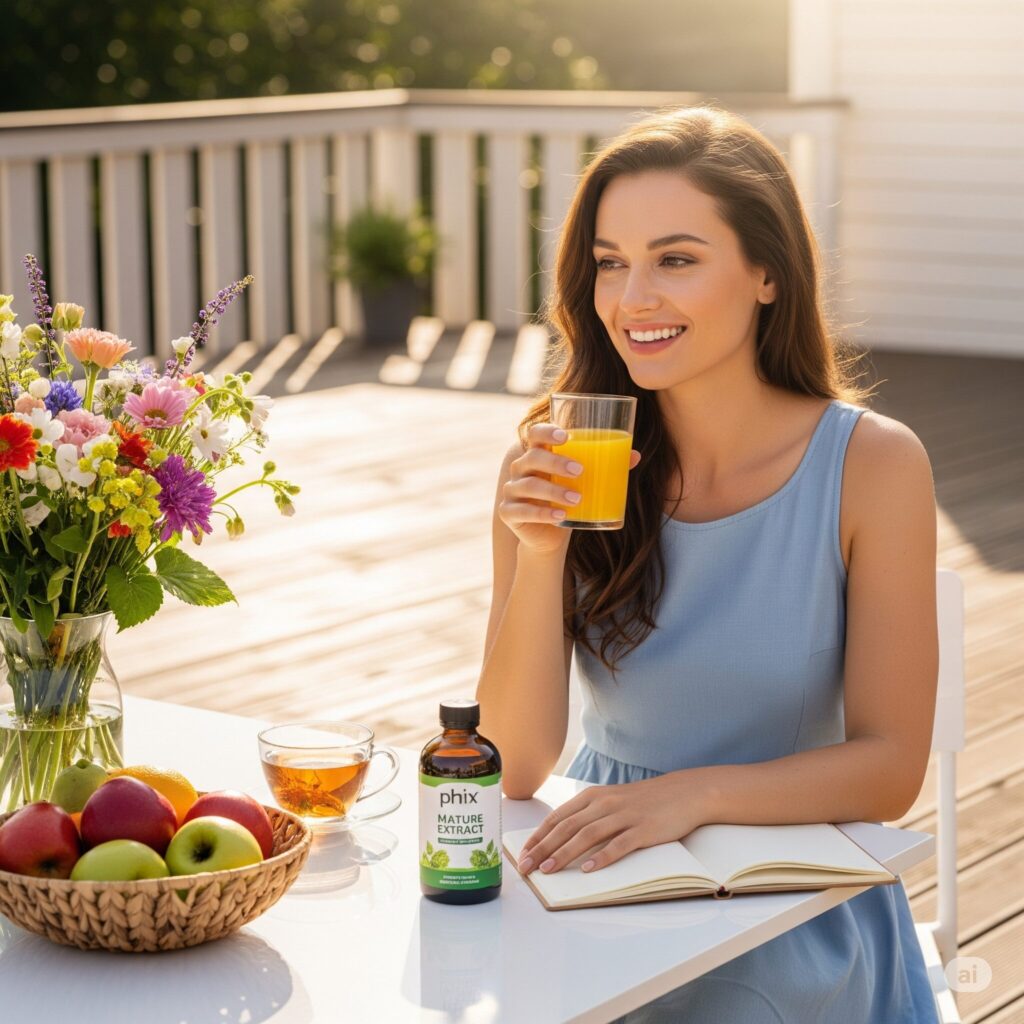 A woman in a blue dress sits at a table outdoors, smiling while holding a glass of orange juice. A vase of flowers, fruit bowl, tea, and a book are on the table.