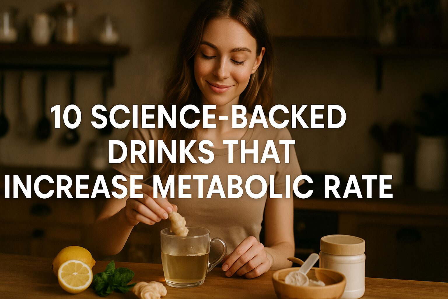 Drinks That Increase Metabolic Rate A woman in a cozy kitchen prepares ginger tea, surrounded by lemon and mint. Text overlay reads, "10 Science-Backed Drinks That Increase Metabolic Rate."