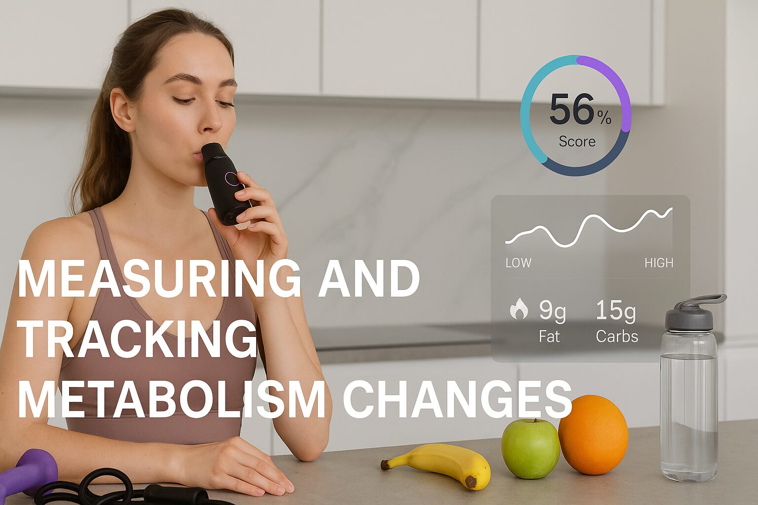 Measuring and Tracking Metabolism Changes A woman uses a breath analyzer in a kitchen to measure metabolism, with fruits and a water bottle nearby. Overlay shows a 56% score and nutrient data.