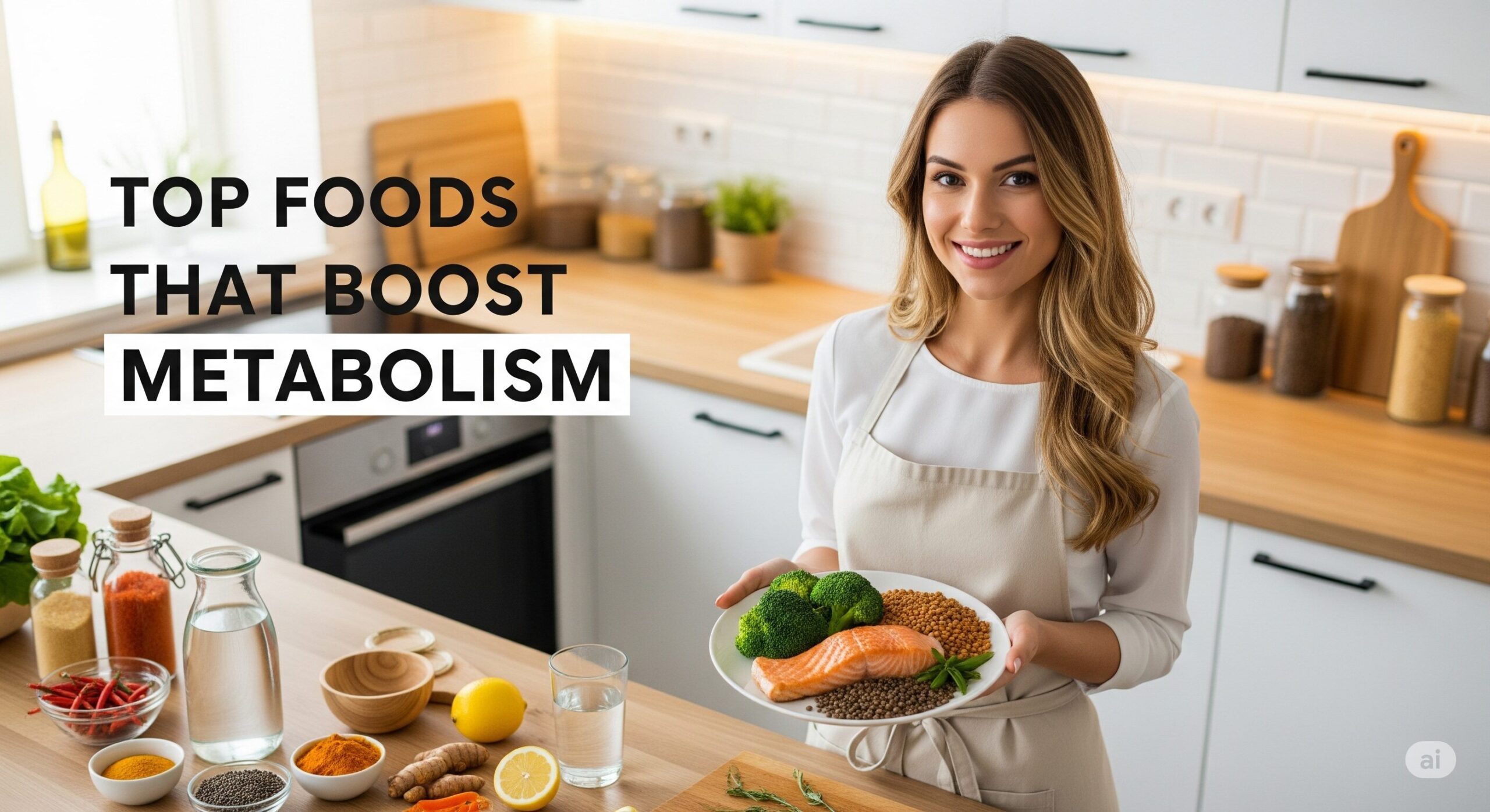 Foods That Boost Metabolism A woman in a kitchen holds a plate with salmon, broccoli, and lentils. Text reads "Top Foods That Boost Metabolism." Various spices and ingredients are on the counter.