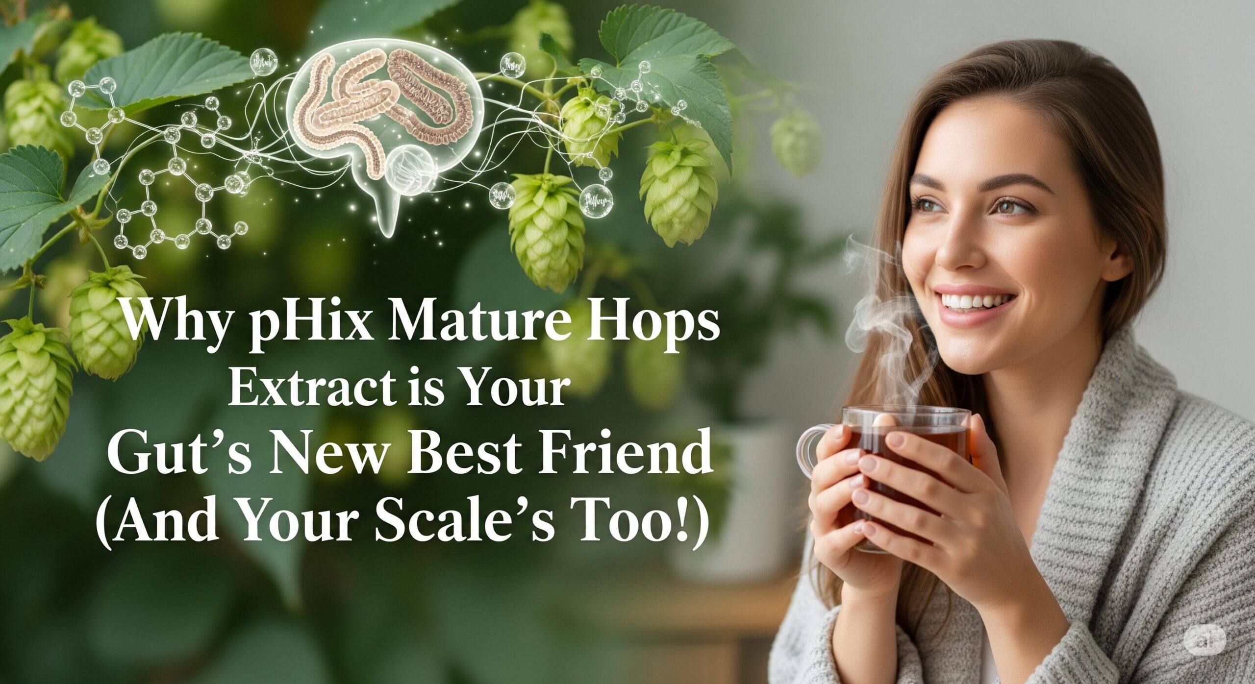 Why pHix Mature Hops Extract A smiling woman in a cozy grey sweater holds a steaming cup, surrounded by vibrant green hops and a microbiome diagram. Text: "Why pHix Mature Hops Extract is Your Gut's New Best Friend (And Your Scale’s Too!)."