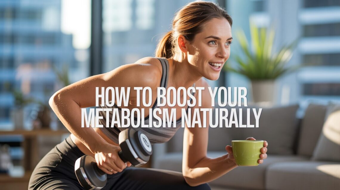 How to Boost Your Metabolism Naturally Smiling woman holding a dumbbell and a green mug in a bright living room. Text overlay: "How to Boost Your Metabolism Naturally." Energetic tone.
