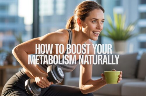How to Boost Your Metabolism Naturally Smiling woman holding a dumbbell and a green mug in a bright living room. Text overlay: "How to Boost Your Metabolism Naturally." Energetic tone.