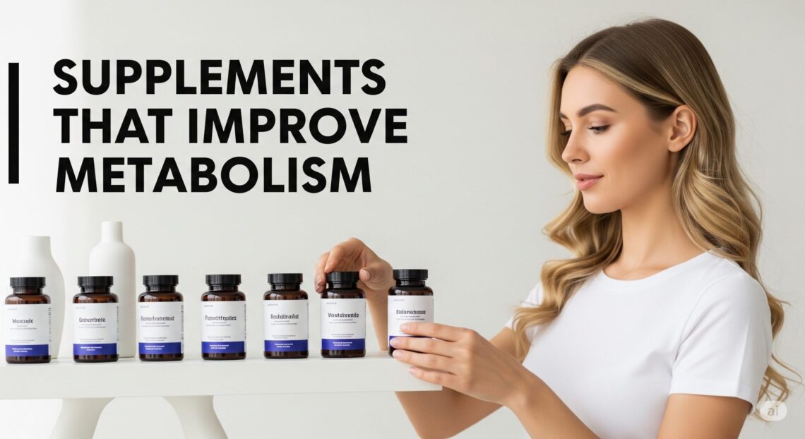 Supplements That Improve Metabolism A woman in a white shirt examines supplements on a shelf. Text reads "Supplements That Improve Metabolism." The scene conveys focus and health awareness.
