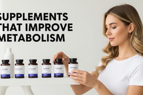 Supplements That Improve Metabolism A woman in a white shirt examines supplements on a shelf. Text reads "Supplements That Improve Metabolism." The scene conveys focus and health awareness.