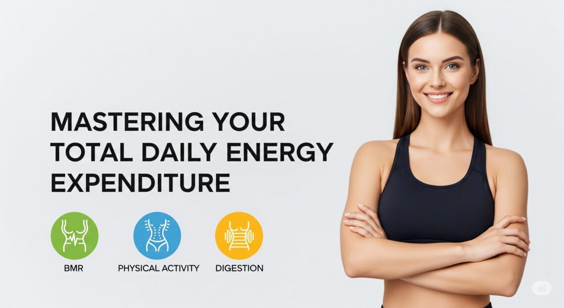 Total Daily Energy Expenditure Smiling woman in athletic wear stands with folded arms beside text "Mastering Your Total Daily Energy Expenditure." Icons depict BMR, Physical Activity, Digestion.