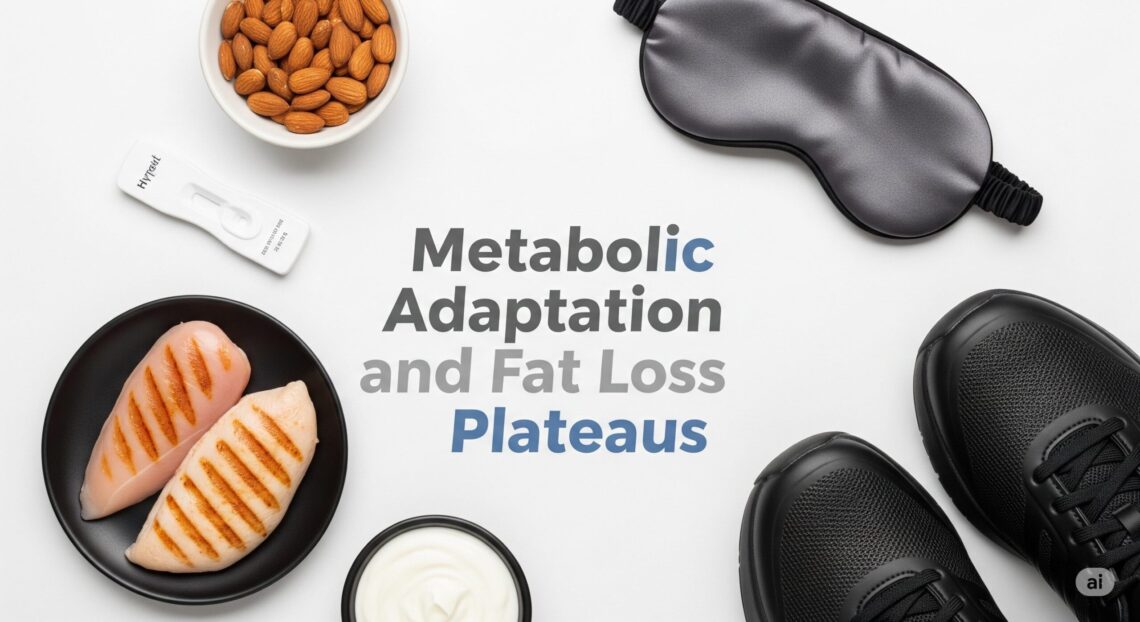 Metabolic Adaptation and Fat Loss Plateaus Grilled chicken, almonds, sleep mask, yogurt, and sneakers surround the text "Metabolic Adaptation and Fat Loss Plateaus" on a white background.