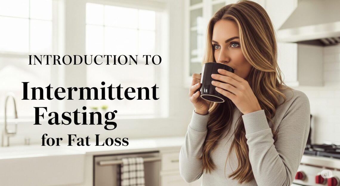 Introduction to Intermittent Fasting for Fat Loss Woman with long hair in a kitchen sips from a black mug. Text reads "Introduction to Intermittent Fasting for Fat Loss." Bright, serene ambiance.