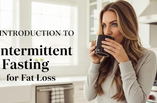 Introduction to Intermittent Fasting for Fat Loss Woman with long hair in a kitchen sips from a black mug. Text reads "Introduction to Intermittent Fasting for Fat Loss." Bright, serene ambiance.