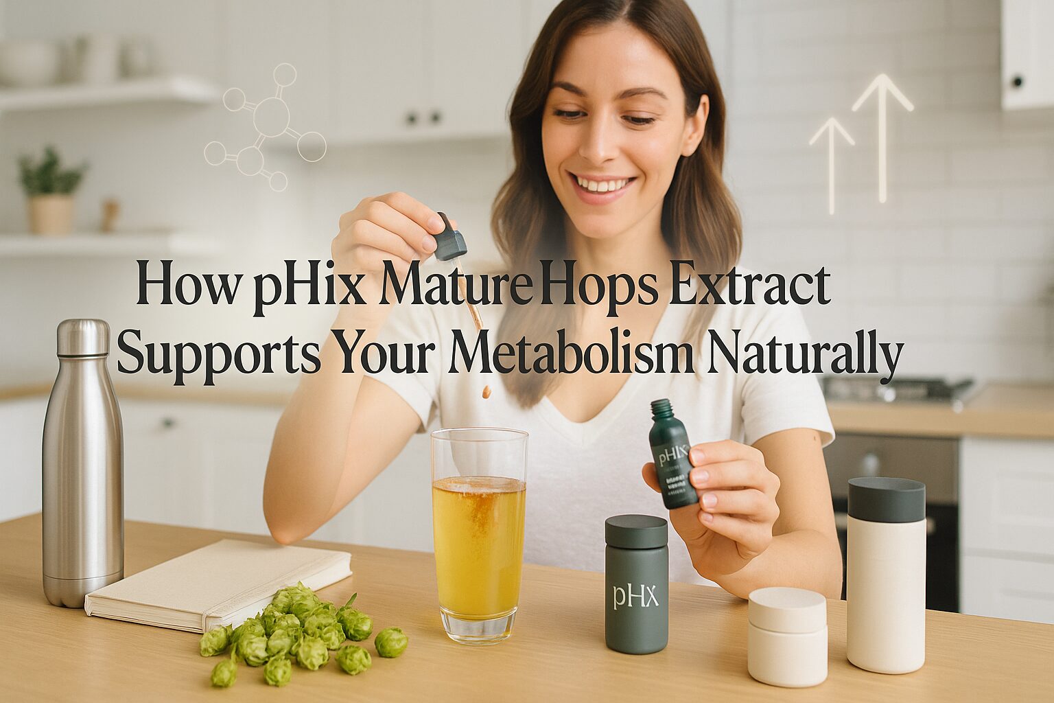 Smiling woman in kitchen adding pHIX Mature Hops Extract to a glass, surrounded by packaging and fresh hops. Text: "How pHIX Supports Metabolism."