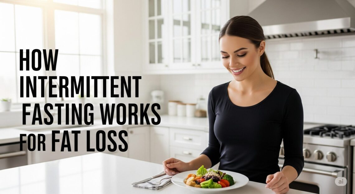 How Intermittent Fasting Works for Fat Loss A smiling woman sits in a bright kitchen, holding a plate of healthy food, with text reading "How Intermittent Fasting Works for Fat Loss" on the left.