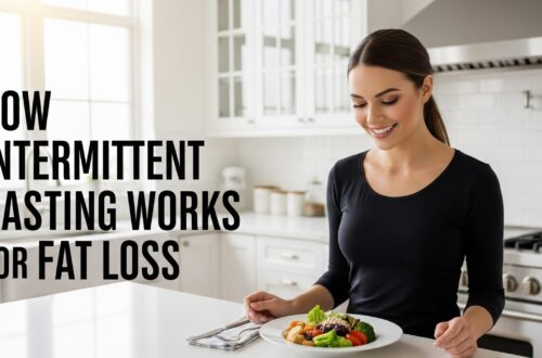 How Intermittent Fasting Works for Fat Loss A smiling woman sits in a bright kitchen, holding a plate of healthy food, with text reading "How Intermittent Fasting Works for Fat Loss" on the left.