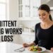 How Intermittent Fasting Works for Fat Loss A smiling woman sits in a bright kitchen, holding a plate of healthy food, with text reading "How Intermittent Fasting Works for Fat Loss" on the left.