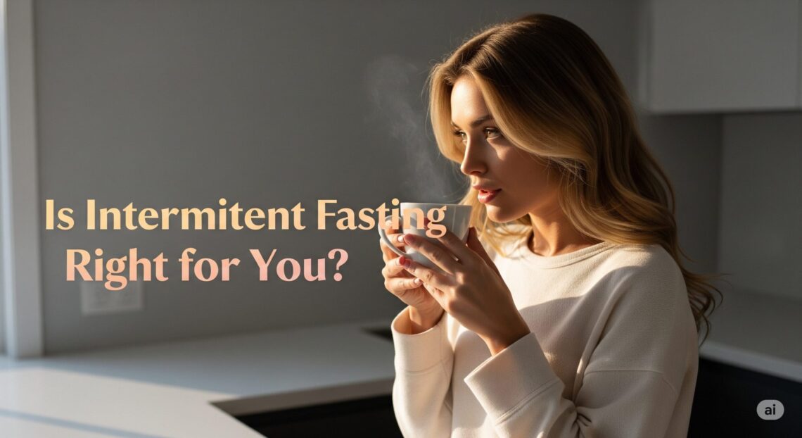 Is Intermittent Fasting Right for You? A woman in soft lighting sips a steaming cup, contemplating in a kitchen. The text reads "Is Intermittent Fasting Right for You?" suggesting reflection.