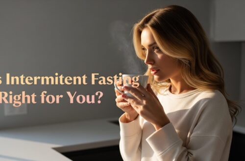 Is Intermittent Fasting Right for You? A woman in soft lighting sips a steaming cup, contemplating in a kitchen. The text reads "Is Intermittent Fasting Right for You?" suggesting reflection.