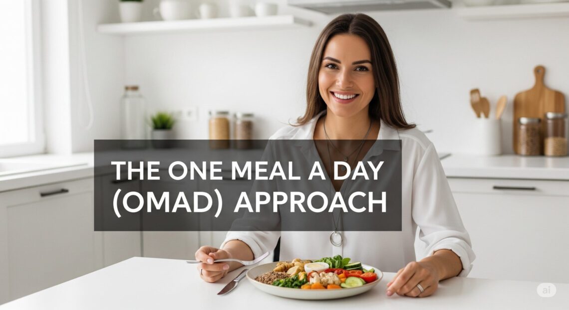 Smiling woman in a bright kitchen enjoys a balanced meal, embodying the "One Meal a Day" (OMAD) approach. Text overlay explains "The One Meal a Day (OMAD) Approach."