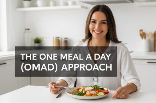 Smiling woman in a bright kitchen enjoys a balanced meal, embodying the "One Meal a Day" (OMAD) approach. Text overlay explains "The One Meal a Day (OMAD) Approach."