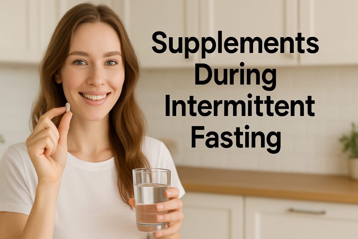 A smiling woman in a kitchen holds a supplement pill in one hand and a glass of water in the other. Text reads "Supplements During Intermittent Fasting."