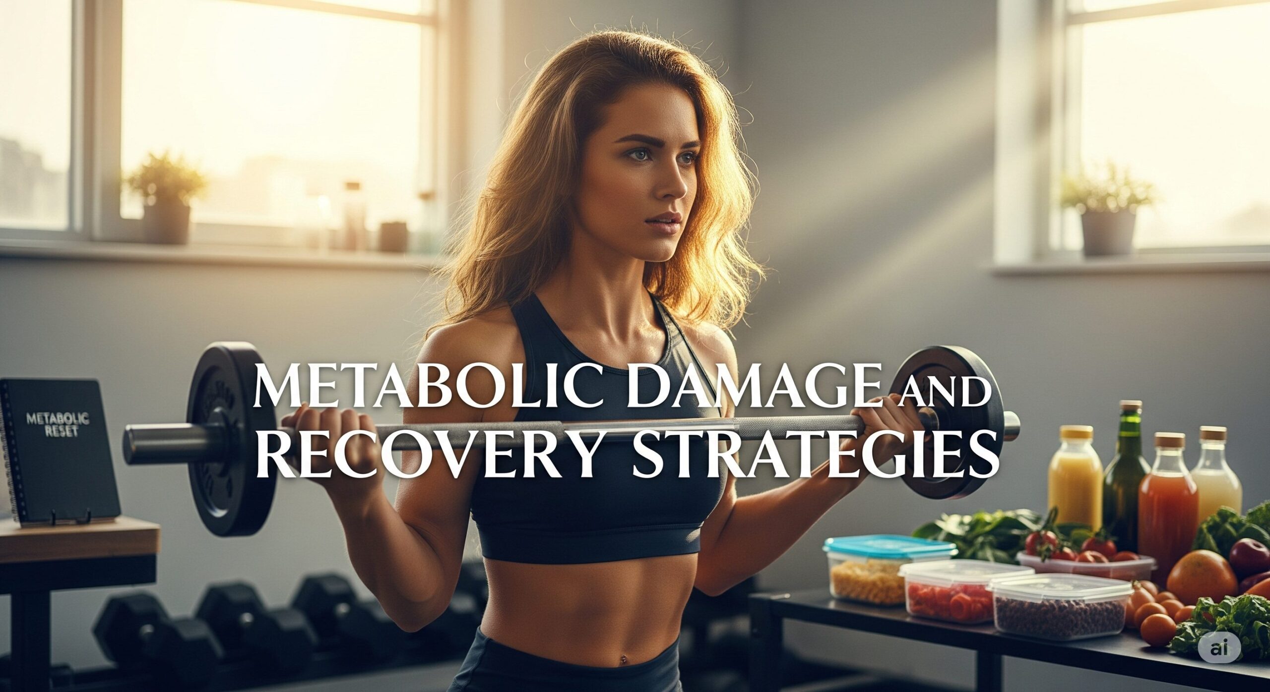A woman lifting a dumbbell in a sunlit gym, surrounded by healthy foods like fruits and juices. Text overlay: "Metabolic Damage and Recovery Strategies."
