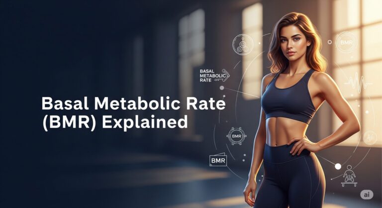 A fit woman in athletic wear stands confidently in a sunlit room, surrounded by health-themed icons. Text reads "Basal Metabolic Rate (BMR) Explained."