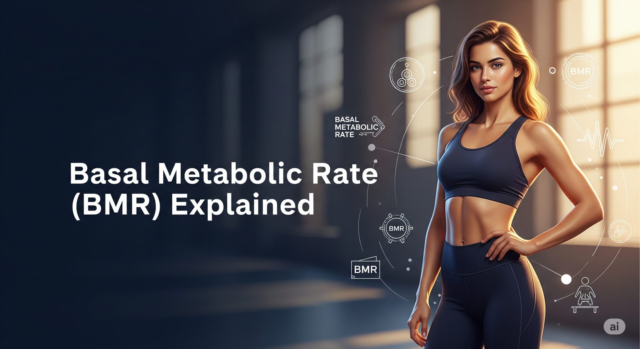 A fit woman in athletic wear stands confidently in a sunlit room, surrounded by health-themed icons. Text reads "Basal Metabolic Rate (BMR) Explained."