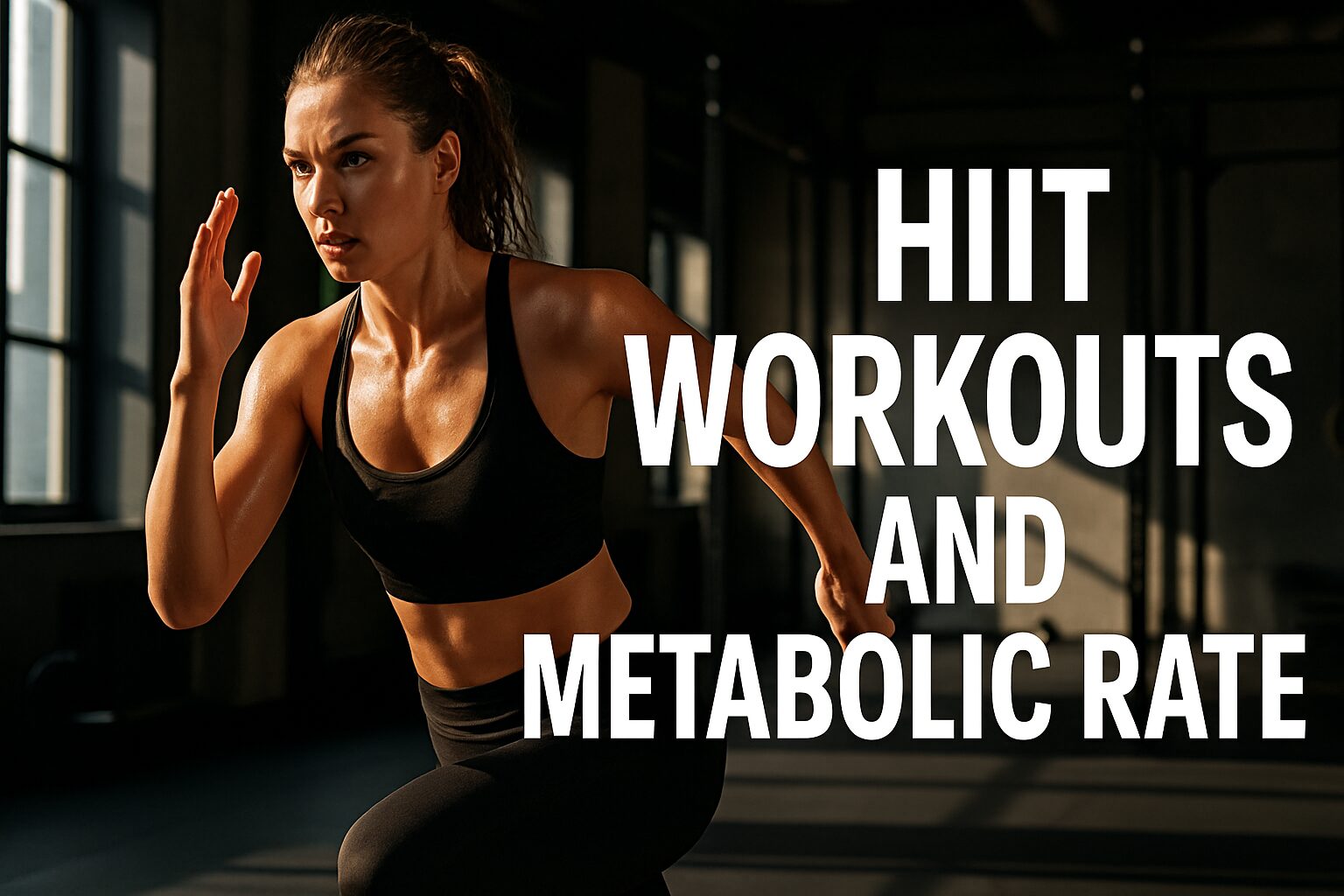 A woman in workout gear is sprinting indoors, lit by sunlight. The text reads "HIIT Workouts and Metabolic Rate." The scene conveys intensity and focus.