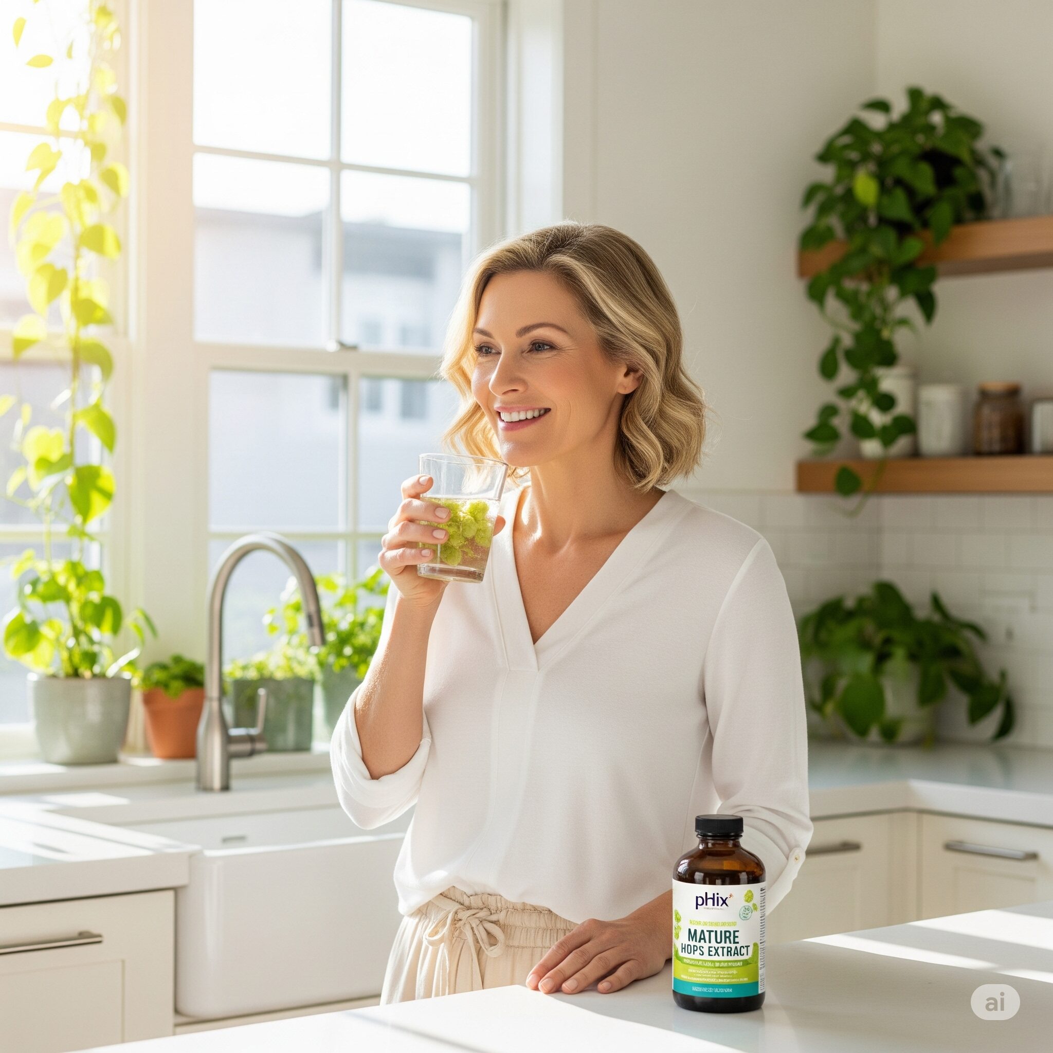 Smiling woman in a bright kitchen, sipping a drink with a supplement bottle labeled "pHix Mature Hops Extract" on the counter, surrounded by plants.