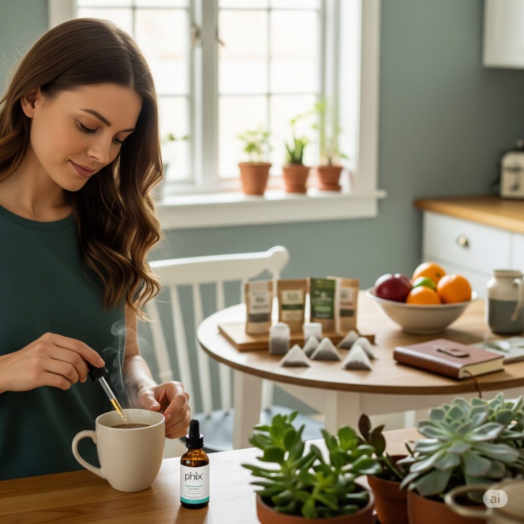 A woman prepares her coffee with pHix in a cozy kitchen with plants, tea bags, fruit, and a journal on the table, conveying a calm morning routine.