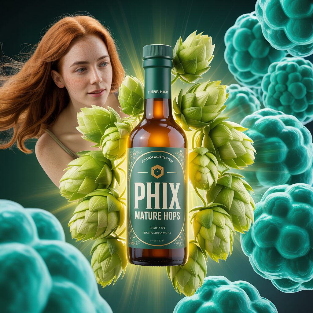 A red-haired woman gazes at a "PHIX Mature Hops" bottle surrounded by glowing hops and teal molecules. The scene conveys freshness and vitality.