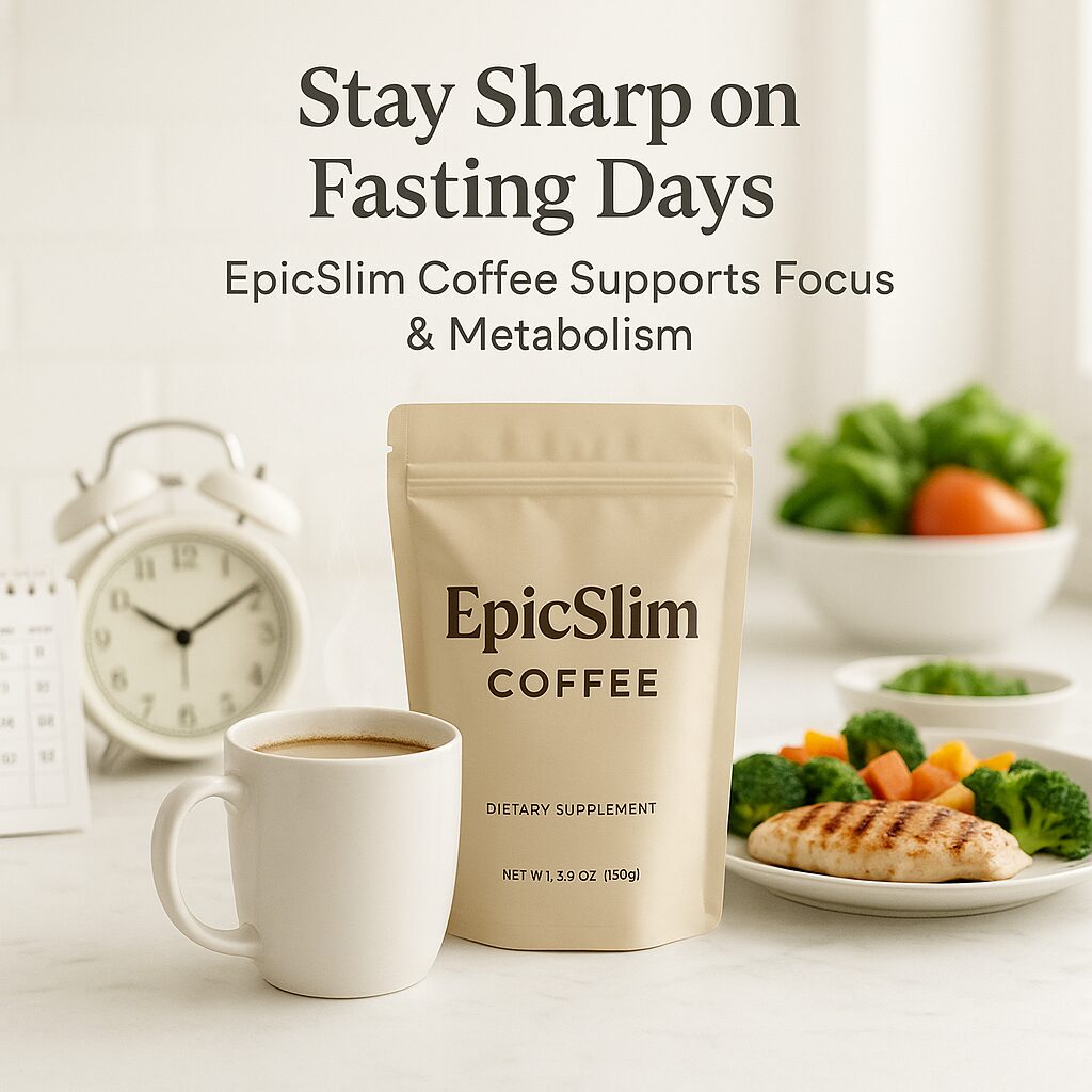 A breakfast table featuring EpicSlim Coffee bag and steaming mug. Nearby, a plate with grilled chicken and vegetables. A clock and calendar are in the background.
