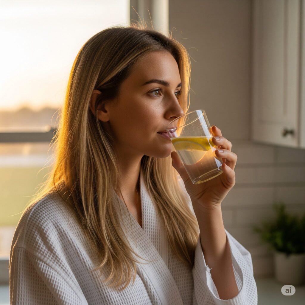 A well-lit, high-resolution image depicting the key health benefits of intermittent fasting. In the foreground, a glowing human figure with a serene expression, representing improved metabolic health, cellular repair, and cognitive function. In the middle ground, an array of icons and illustrations symbolizing weight loss, reduced inflammation, enhanced immune response, and longevity. The background features a soft, blurred landscape with natural elements like trees, a river, and a vibrant sky, conveying a sense of balance, tranquility, and overall wellness. The image is rendered with a clean, modern aesthetic and a warm, inviting color palette to effectively communicate the advantages of intermittent fasting. A woman in a white robe drinks lemon water by a sunny kitchen window. The lighting is warm, conveying a peaceful morning atmosphere.