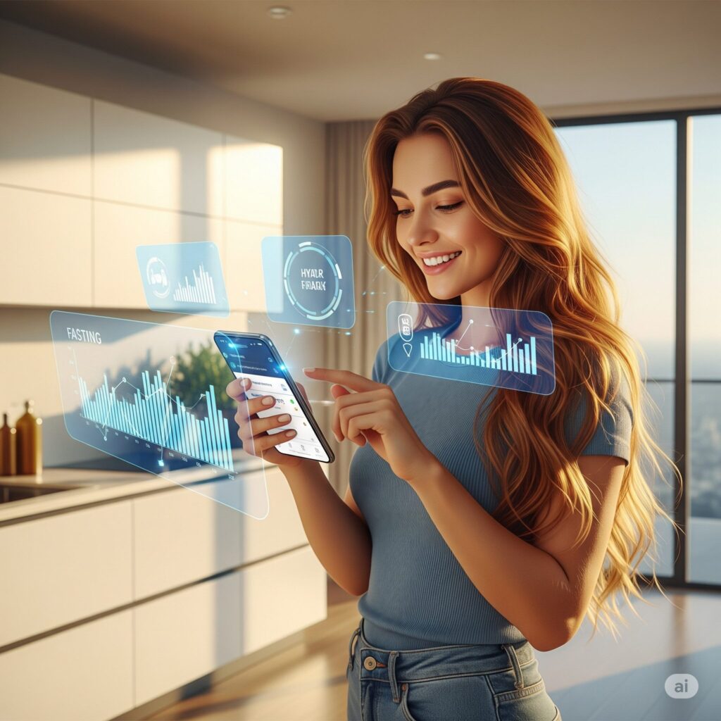 A woman smiles while interacting with a smartphone displaying floating digital graphs and charts, suggesting technology use and positive mood.