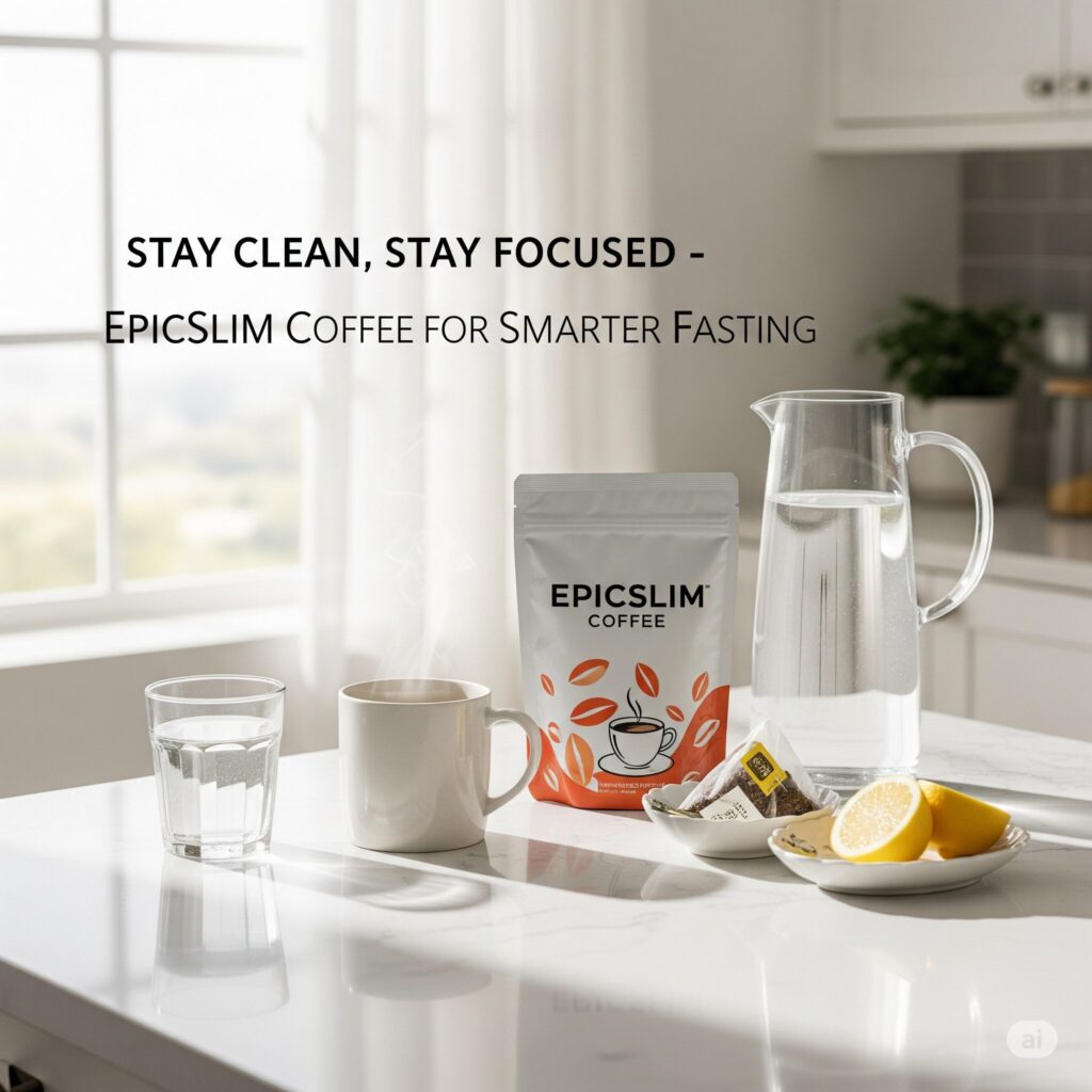 Sunlit kitchen counter with a steaming mug, glass of water, carafe, and sachets beside a lemon plate. "EpicSlim Coffee" pouch and text: "Stay Clean, Stay Focused."