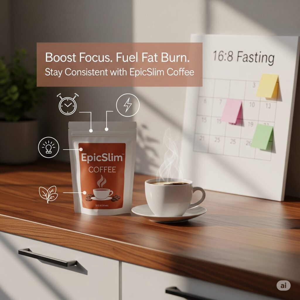 Package of EpicSlim Coffee on a wooden table with a steaming cup beside it. Text reads "Boost Focus. Fuel Fat Burn." Calendar on the wall shows a fasting schedule.