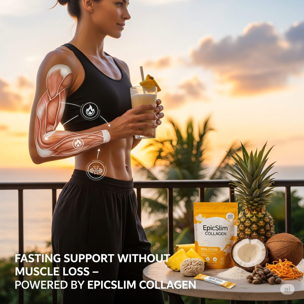 A fit woman in workout attire holds a smoothie, overlooking a tropical sunset. A table displays EpicSlim Collagen, pineapple, and coconut. Text highlights fasting support.